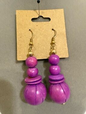 Purple Wood Bead Drop Earrings Gold Tone Boho Statement